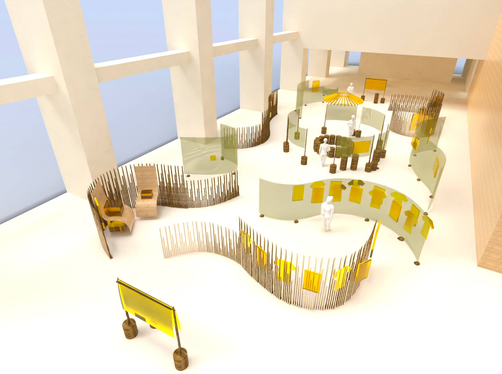 展示構成イメージ、什器制作協力：株式会社飛騨の森でクマは踊る／会場構成：tamari architects