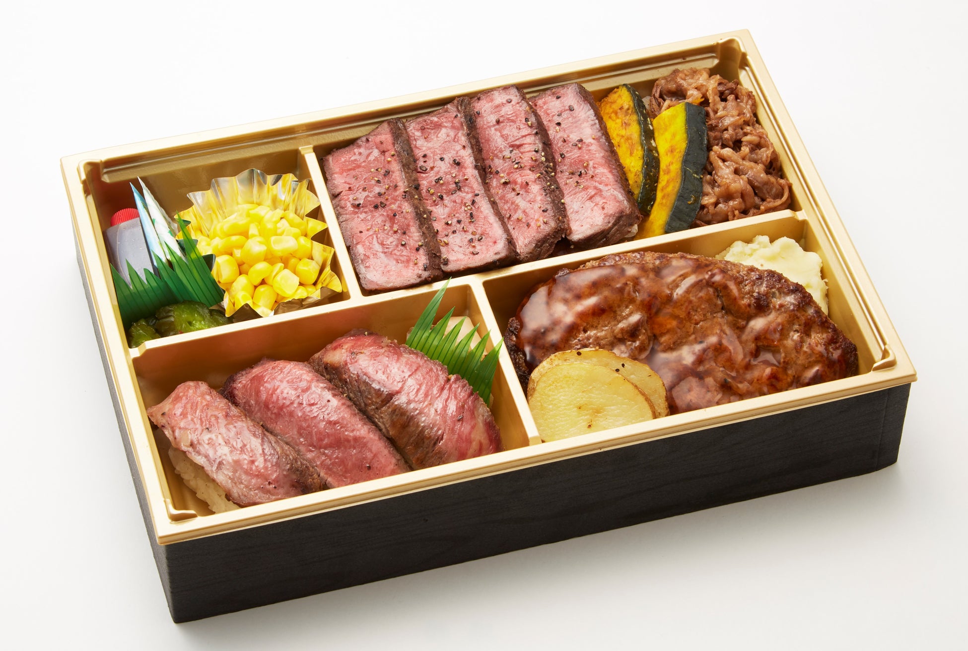 <ウエムラ牧場> 白老牛寿司三種とプレミアムハンバーグが入った四種贅沢膳 3,348円 ※各日50折限り