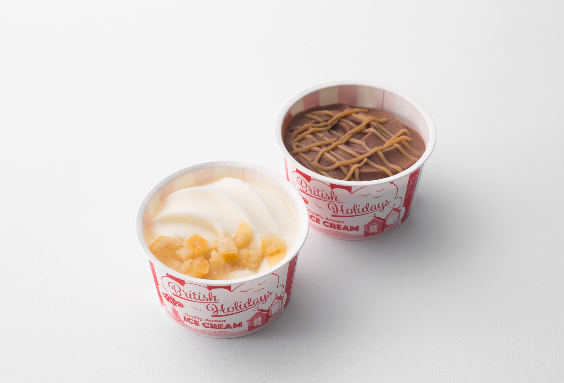 ＜トミーズショートブレッドハウス＞ ブリティッシュホリデイズアイスクリーム   左）レモンポセット     右）バタースコッチチョコ  各388円  ※ともにジェイアール名古屋タカシマヤ先行販売