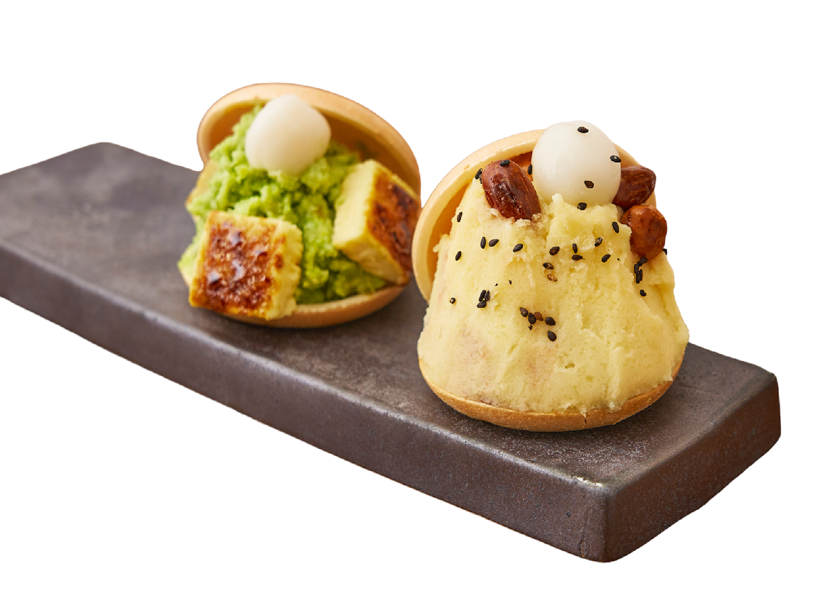 宮城県＜すずや＞（右）さつまいもキャラメルモンブラン（左）ずんだカタラーナもなか　各540円　※右は各日100個限り　※東海地区初出店　※右は当店限定　※実演