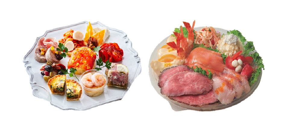 左：＜RF1＞ Xmasピンチョスセット 2,990円 右：＜柿安ダイニング＞ 柿安がおすすめするローストビーフオードブル3,981円 ■どちらも地下1階 惣菜売場 ※12月23日（金）～25日（日）の販売