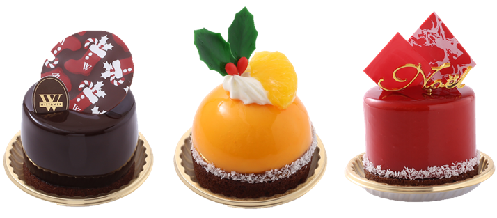 ＜ヴィタメール＞ 左：サンニュイ 778円 中：オランジュ・ノエル 702円 右：ノエル・フランボワーズ 778円 ■地下1階 洋菓子売場 ※左と中は12月1日（木）～25日（日）、右は12月15日（木）～25日（日）の販売 ※左はNEW