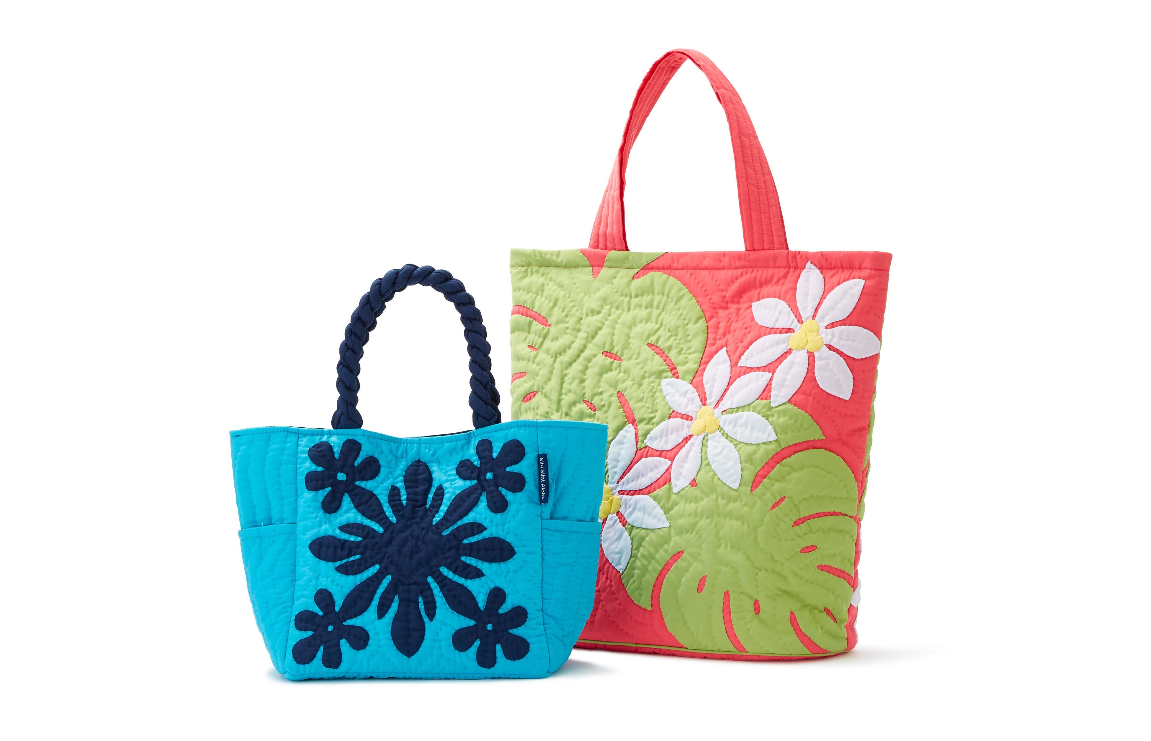 ＜ミウミントアロハ＞ 左）ハワイアンキルト スクエアバッグ 14,080円&nbsp; 右）ハワイアンキルト ジッパー 大型バッグ 　16,280円　※5点限り