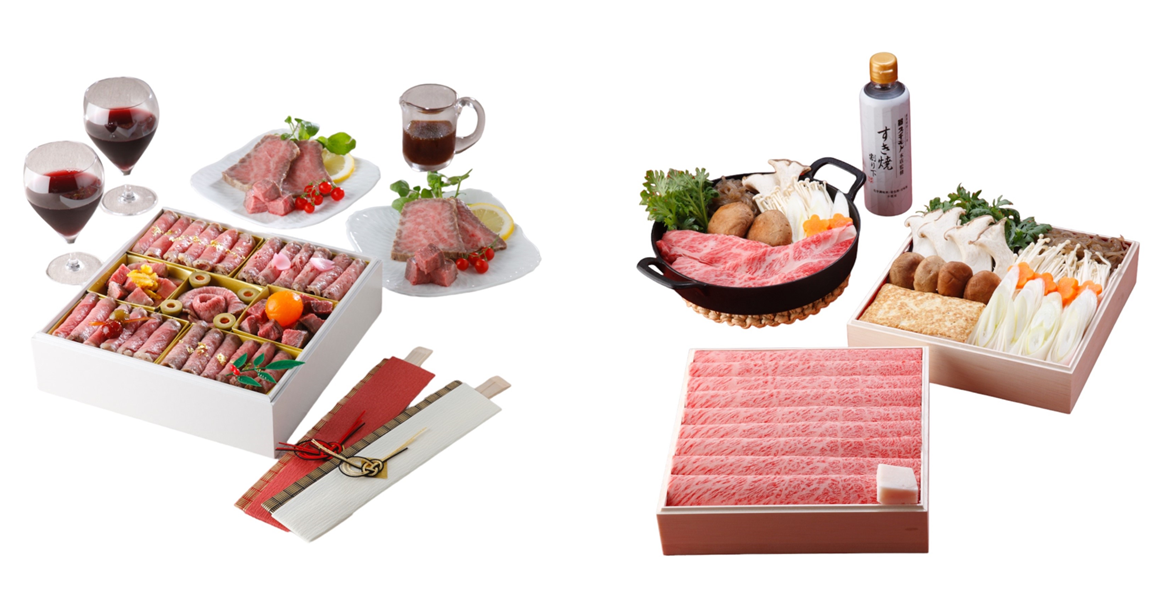 （左）＜スギモト＞ 黒毛和牛7種ローストビーフ 一段（4～5人前）19,440円（右）＜スギモト＞ 国産黒毛和牛すき焼き鍋 （4人前） 10,800円