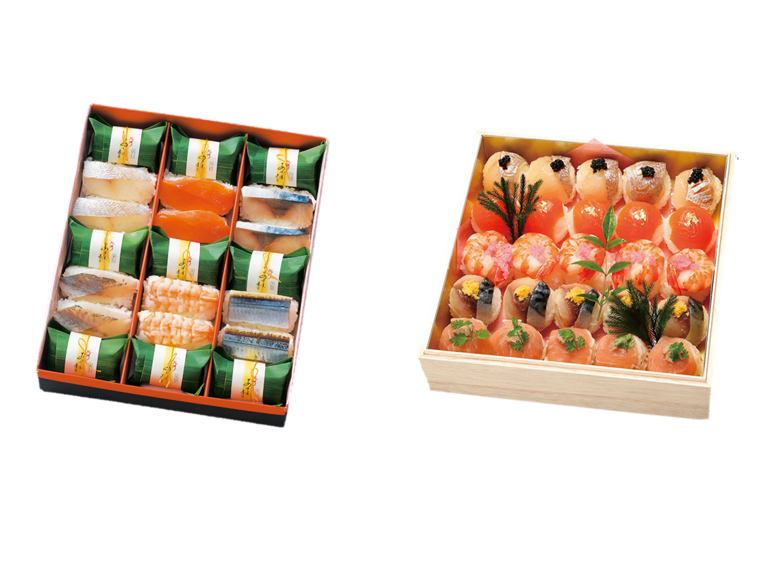 （左）＜笹一＞ 紀州あせ葉寿司セット 6,800円（右）＜笹一＞ 紀州てまり寿司 一段 12,420円
