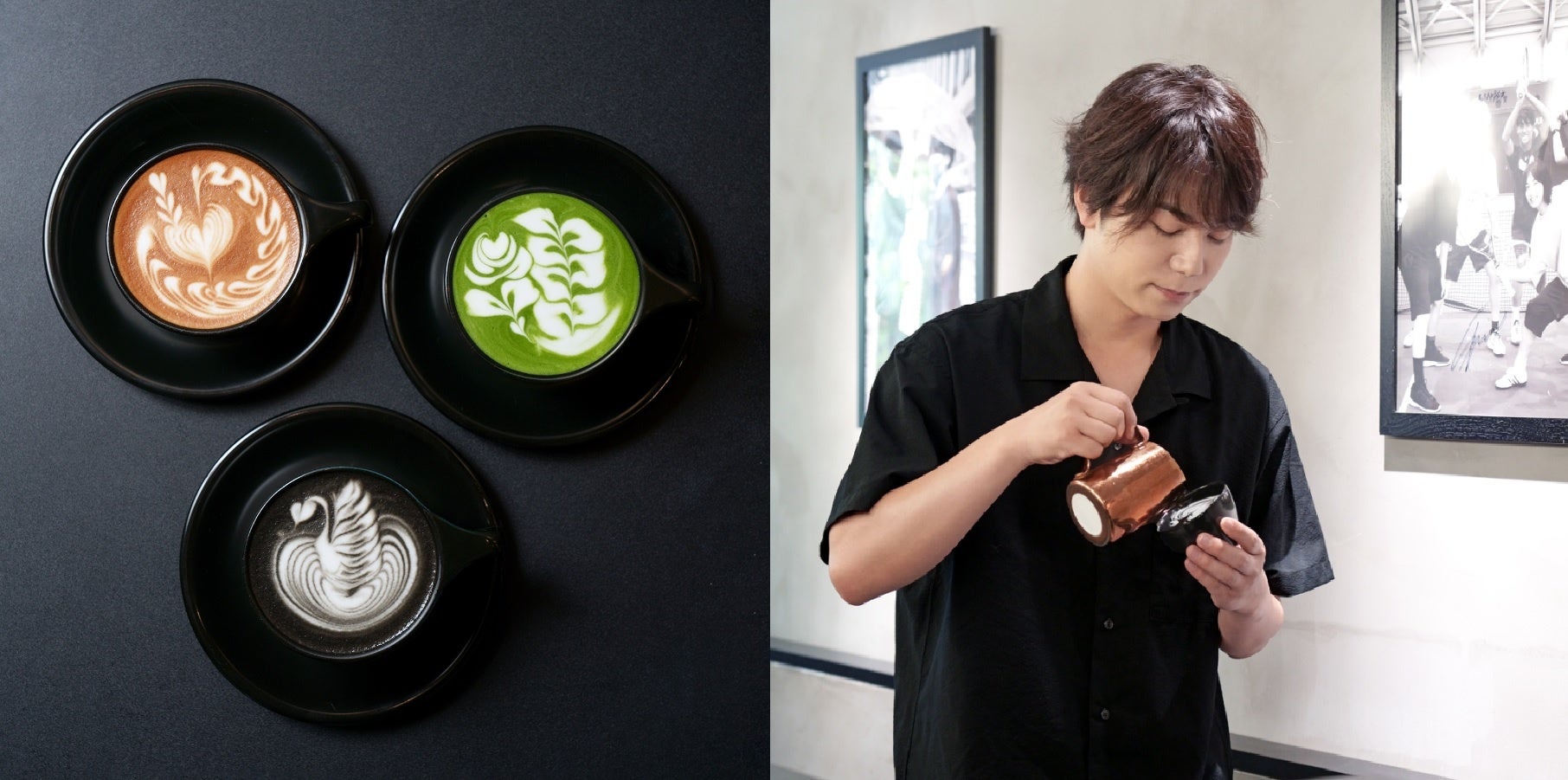 ＜ラテアートマニア＞（右）右から時計回りに抹茶ラテ 890円、ブラックラテ 981円、カフェラテ 780円（左）オーナー 馬場 健太氏