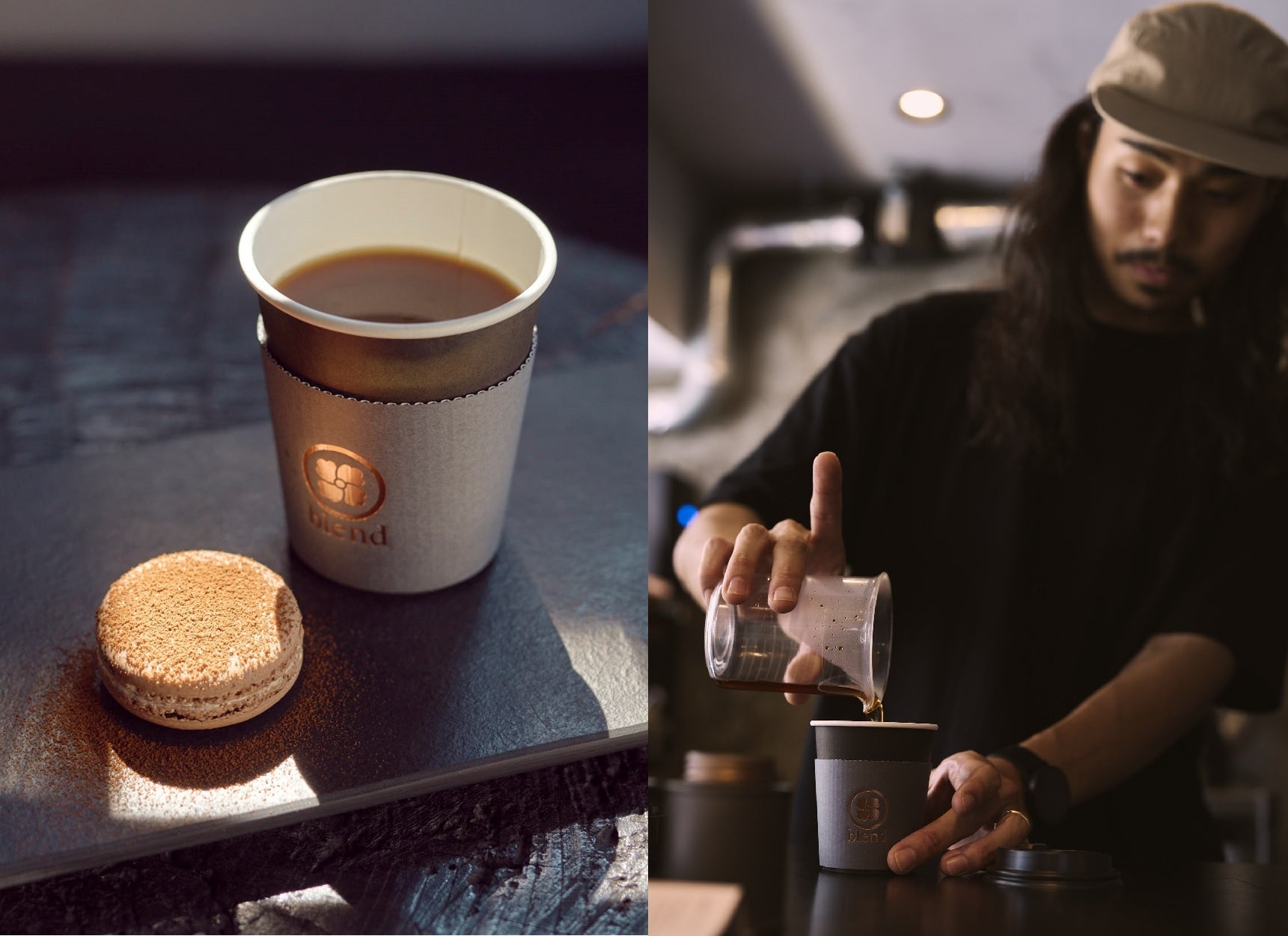 ＜ブレンド京都＞（左）コーヒーマカロン 540円、オリジナルブレンドコーヒー 825円～※お選びいただく豆によって価格が異なります（右）オーナー奥井 大輝氏