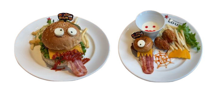 ＜ハンバーガー＆カフェ ルイス＞ 左）モンスターバーガー 1,870円  右）リトルモンスタープレート（ドリンク付） 1,430円 ※右は小学生以下のお子様限定 ■8階 喫茶