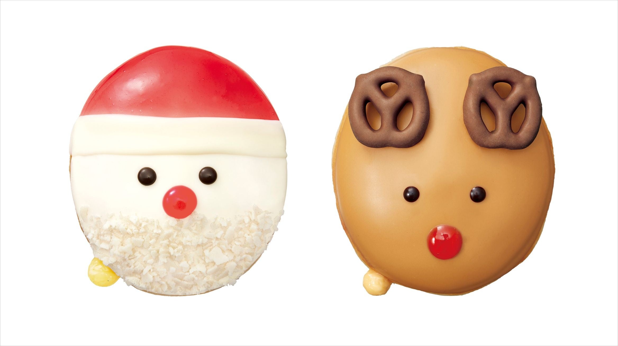 ＜クリスピー・クリーム・ドーナツ＞ 左：ストロベリー カスタード サンタ 357円 右：キャラメルトナカイ  357円 ※12月21日(木)までの販売 ■名古屋タカシマヤ1階 北ブロック デリシャスコート