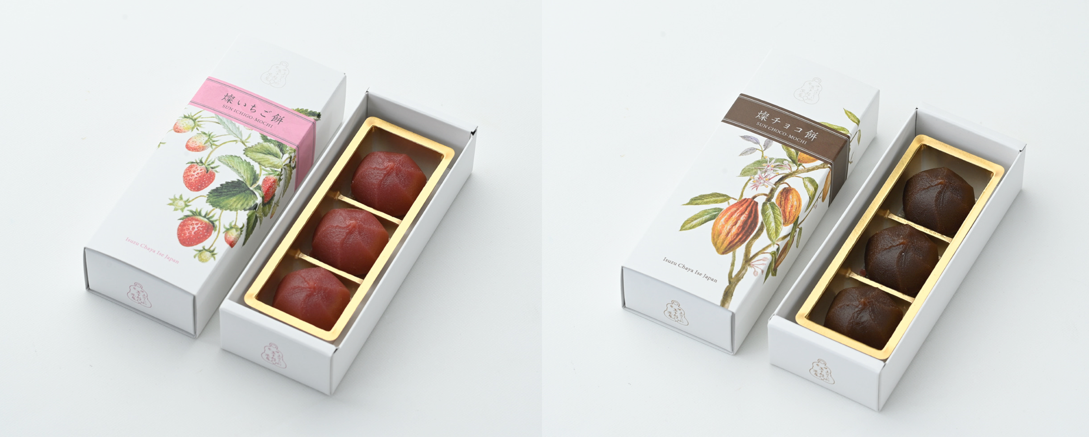 ＜五十鈴茶屋＞ （左）燦いちご餅（3個入） 900円 （右）燦チョコ餅（3個入） 　900円 ■地下1階 和菓子売場 特設会場　※11月新発売