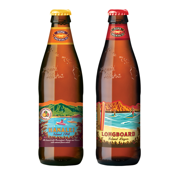 ＜コナビール＞ 左）コナ ハナレイアイランドＩＰＡ 右）コナ　ロングボード　ラガー 各550円（355ml）