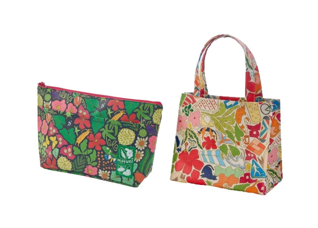 ＜ミムリ＞ 左）大きめポーチ（庭紺柄）3,780円右）ミニラミネート バッグ（マチネコ柄） 3,960円 ※13日（木）→15日（土）の出店