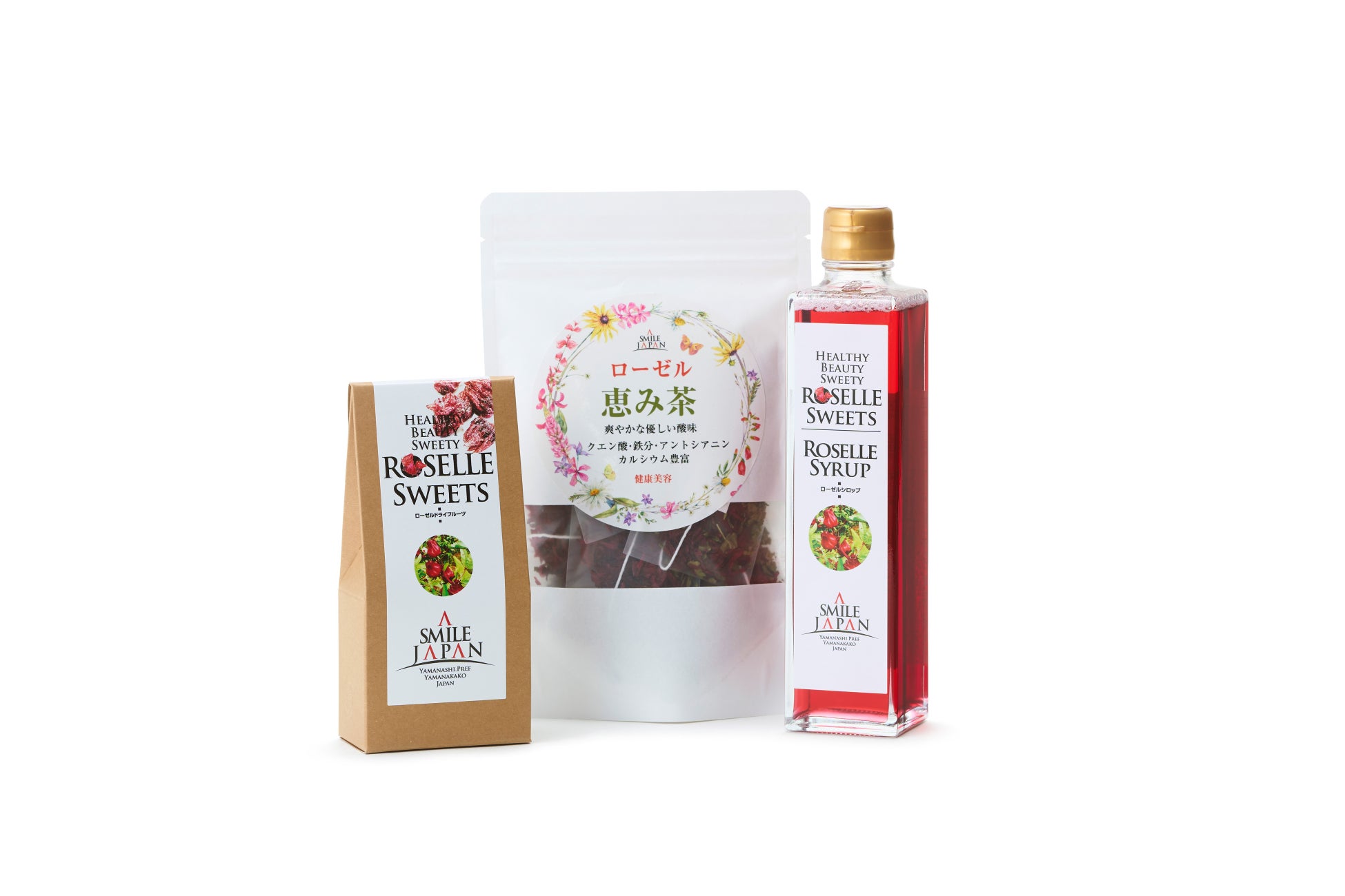 <ディアローゼル>左から)ドライローゼル(食べるハイビスカス)(40g)702円 ※100点限り/②ローゼル恵み茶(2g×10P) 1,404円/③ローゼルシロップ(300ml)1,512円