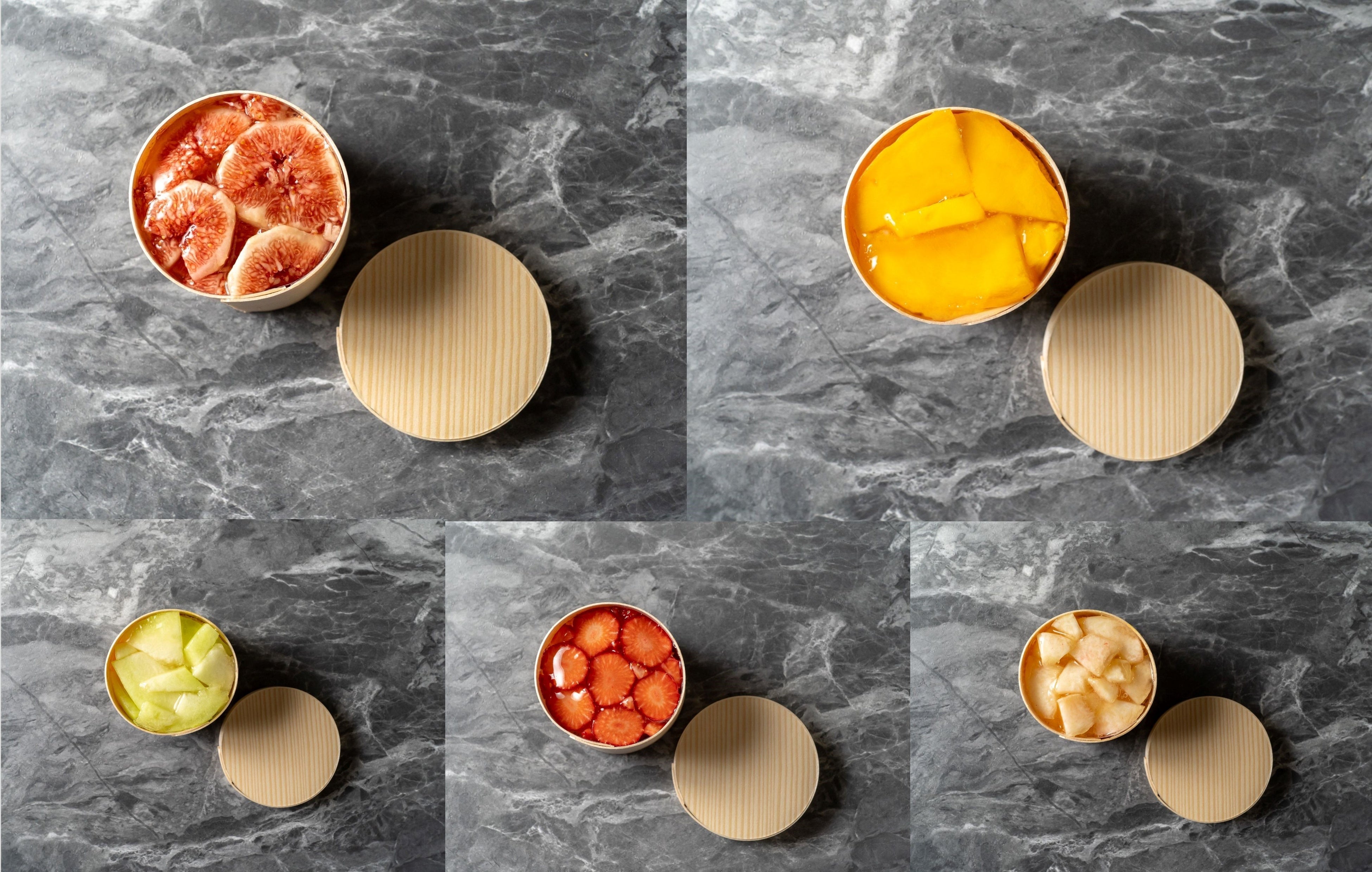 上段左から）わっぱいちじく／わっぱマンゴー　下段左から）わっぱメロン／わっぱ苺／わっぱ桃&nbsp; 各920円