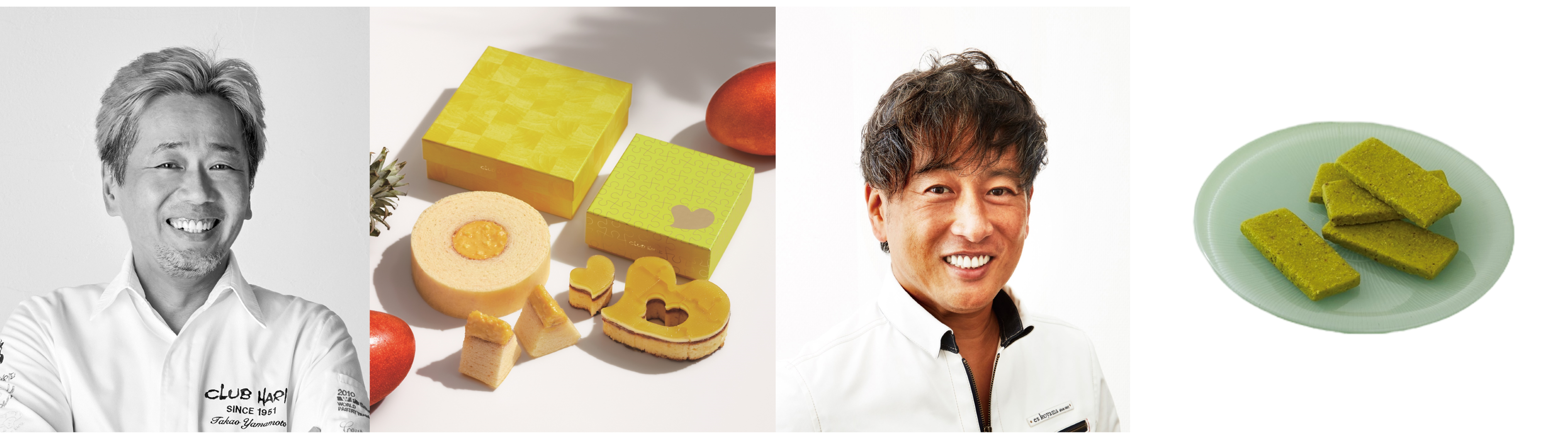 ＜クラブハリエ＞左）ショコラバーム トロピカル  2,700円 、右）ハートブラウニー パイナップル 2,592円、＜パティシエ エス コヤマ＞生チョコサブレ 宇治抹茶＋柚子 （120ｇ）2,808円