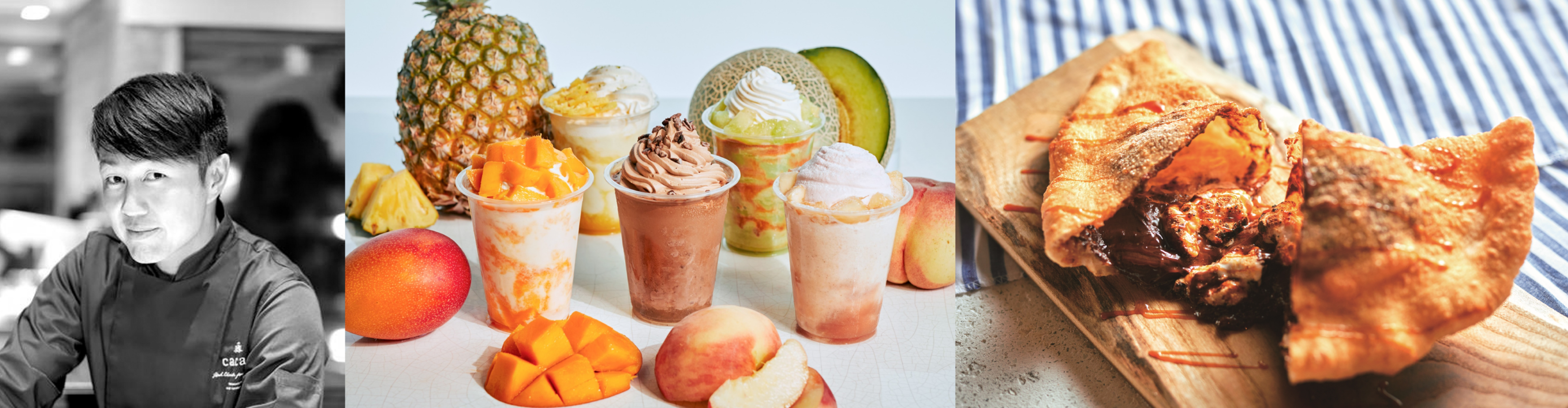 ＜メゾンカカオ＞生チョコっぺ（メロン×メロン、カカオ、白桃×バニラ、マンゴー×ココナッツ、パイナップル×アボカド）（1杯）各1,320円、＜チョコレートバンク＞マジカルチョコレートピザ（1枚）各1,944円