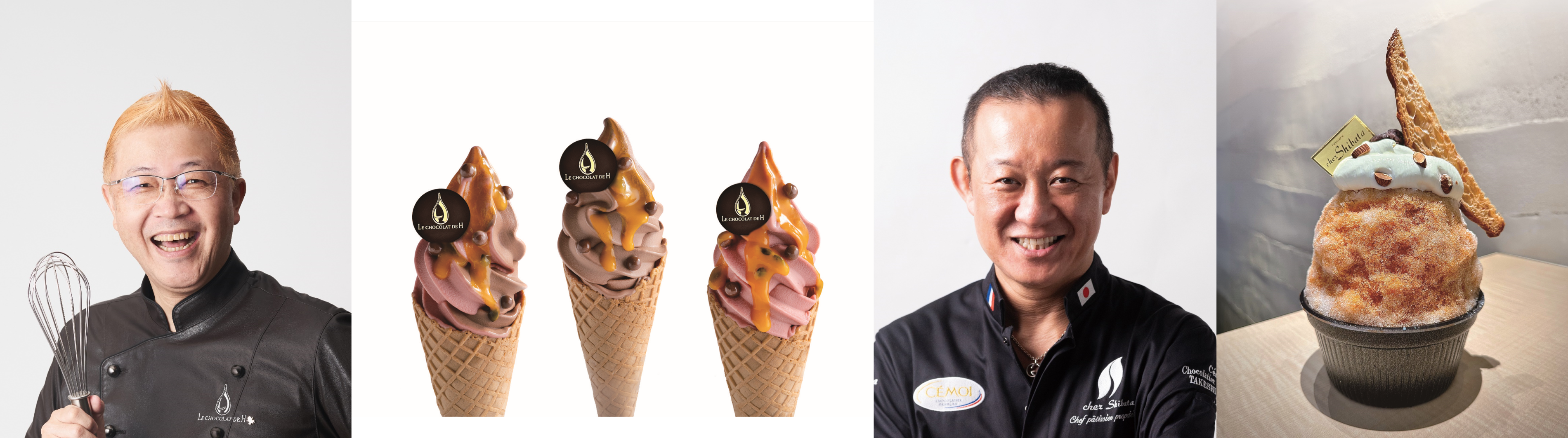 ＜ル ショコラ ドゥ アッシュ＞ソフトクリーム（1個／左から：ミックス、カカオブランコ、あまおう）各791円、＜シェ・シバタ＞タイミルクティー（1杯）1,201円