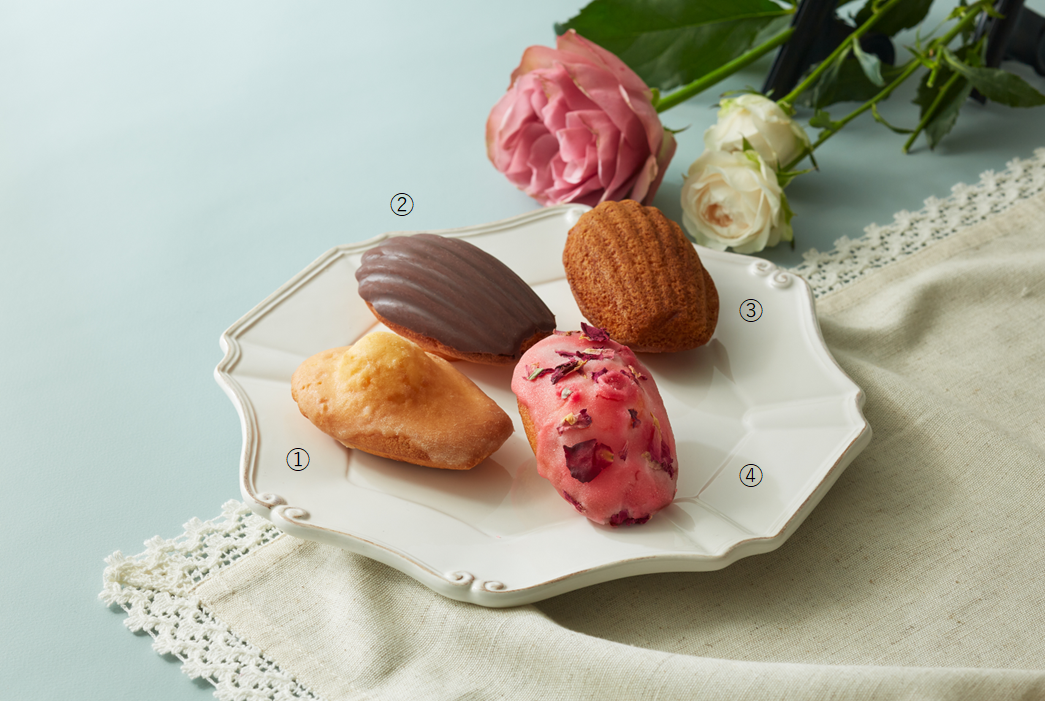＜Princesse Reico＞ ①プリンセスレイコマドレーヌ　 486円 ②キャラメルチョコレートマドレーヌ 55１円 ③焼き芋 マドレーヌ 　411円 ④ローズマドレーヌ　562円