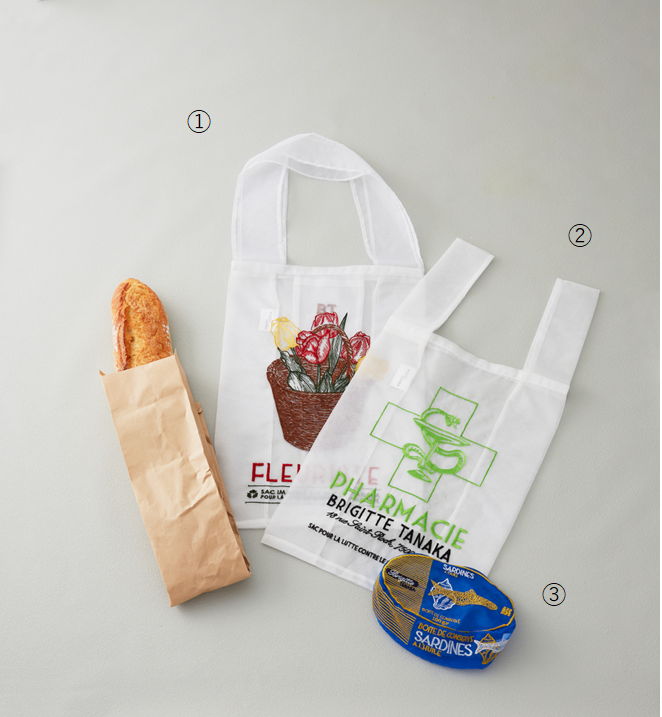 ＜ブリジット タナカ＞ ①オーガンジーバッグ お花屋さんチューリップ 9,570円 ②オーガンジーバッグ 薬局&nbsp; 7,370円 ③オーガンジーサーディンポーチ 7,810円