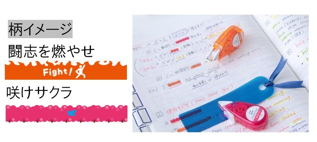 ＜プラス＞ マーカーテープ スタディライナー暗記用 上）闘志を燃やせ 下）咲けサクラ 各418円 ※いずれも青シート付