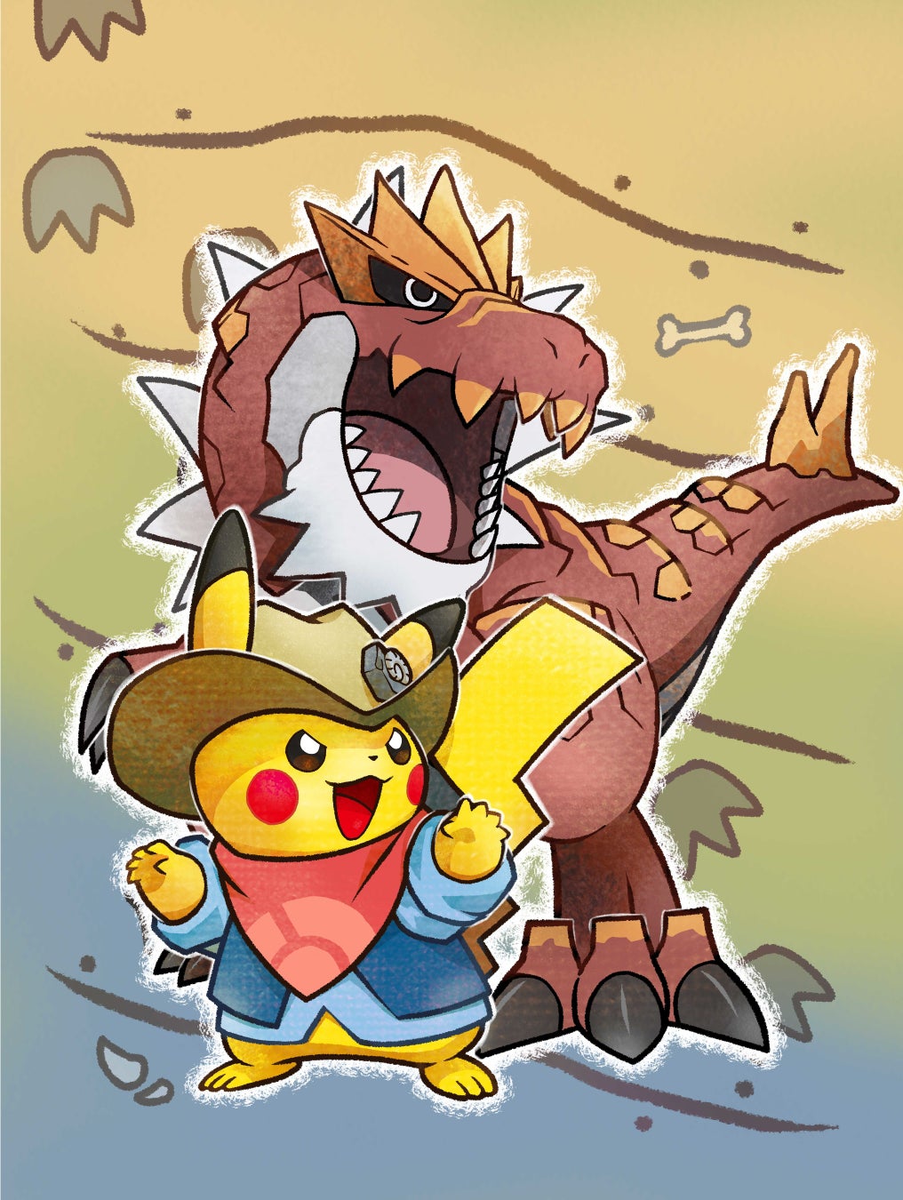 ガチゴラスと発掘ピカチュウが「ガオー!」とポーズする国立科学博物館用オリジナルアート