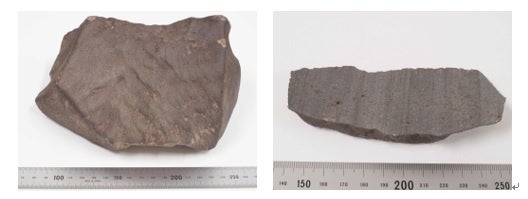 越谷隕石実物標本（左）とその切断片（右）