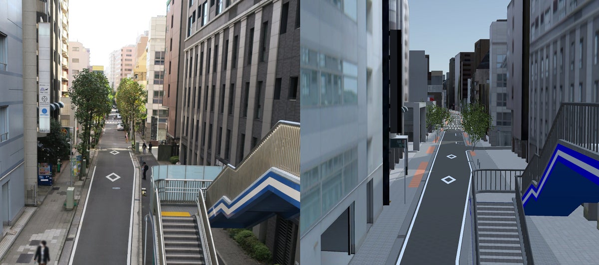 横浜市庁舎付近、大岡川沿いの街区にある入船通りの写真(左) 3D都市モデルを元に作成した入船通りのデジタルツイン(右)