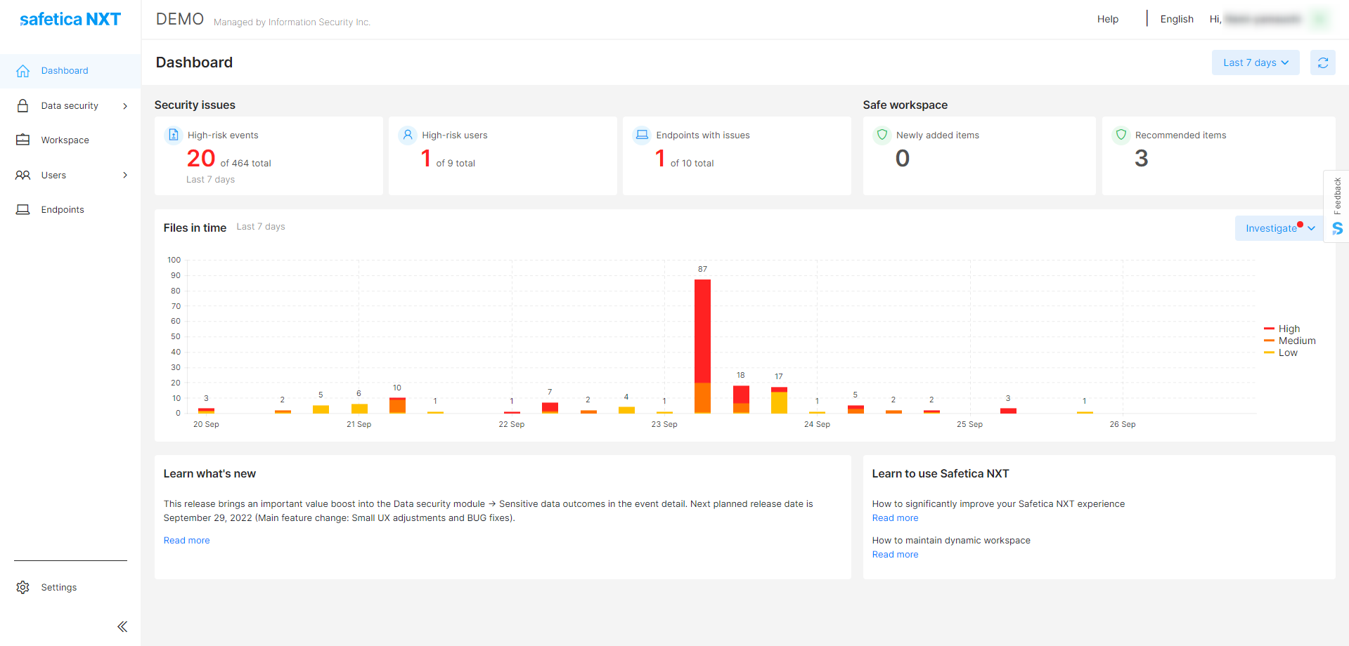 Safetica NXT ダッシュボード画面
