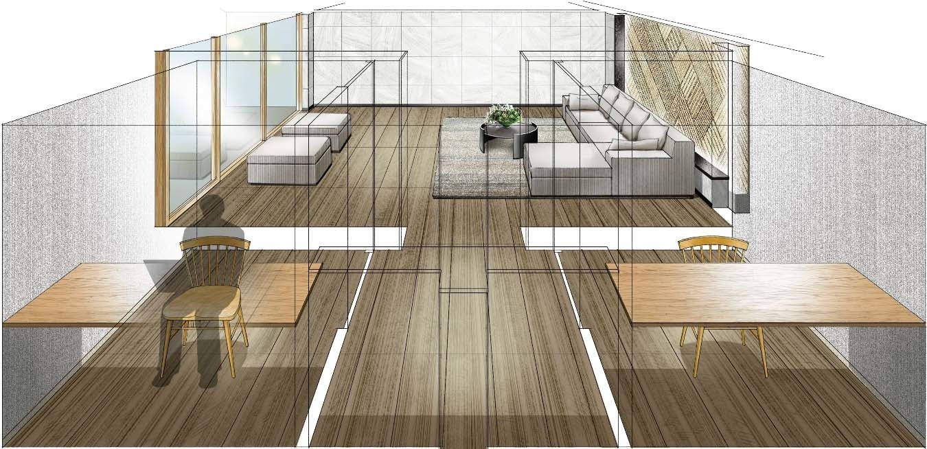 【手前・左右】 「+HANARE」イメージイラスト／ 【奥】 ラウンジイメージイラスト