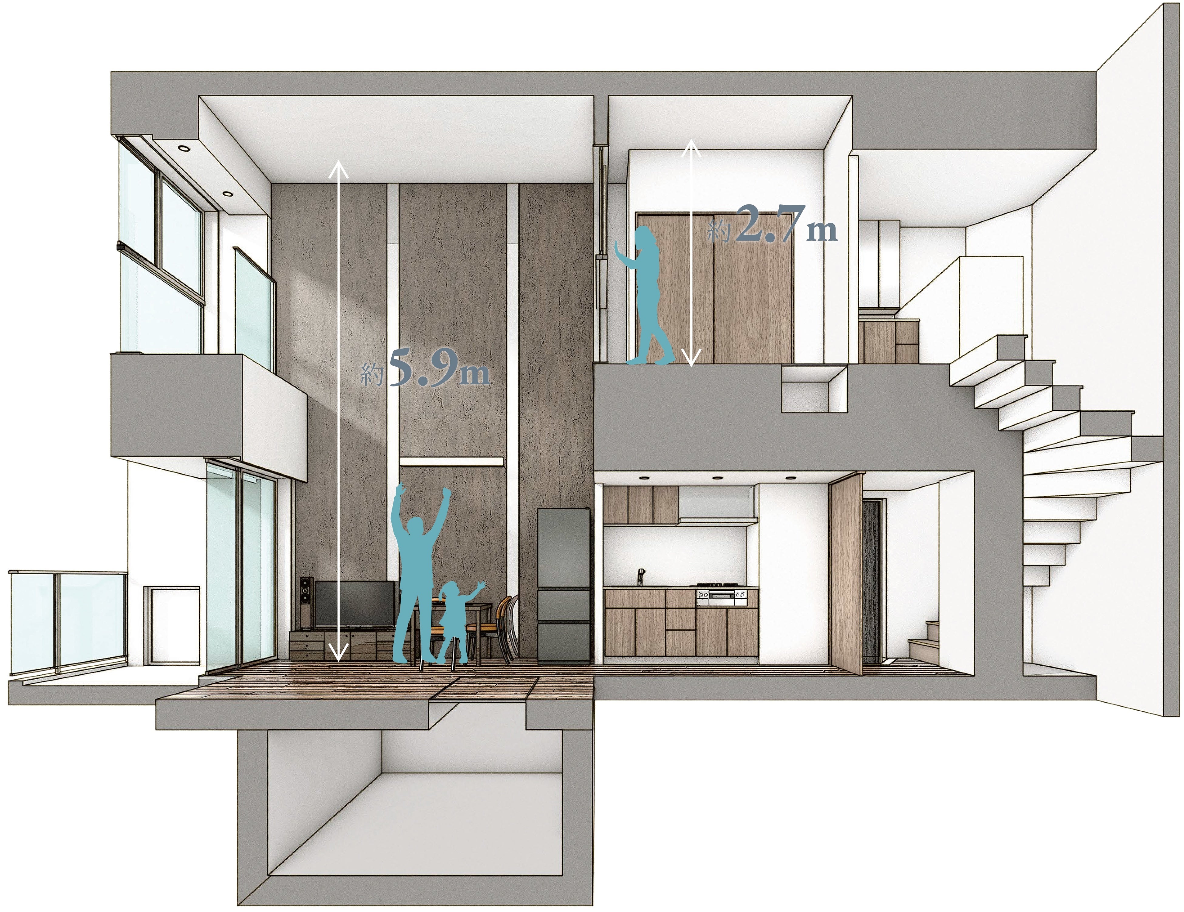 メゾネット間取り(C2タイプ)断面イラスト