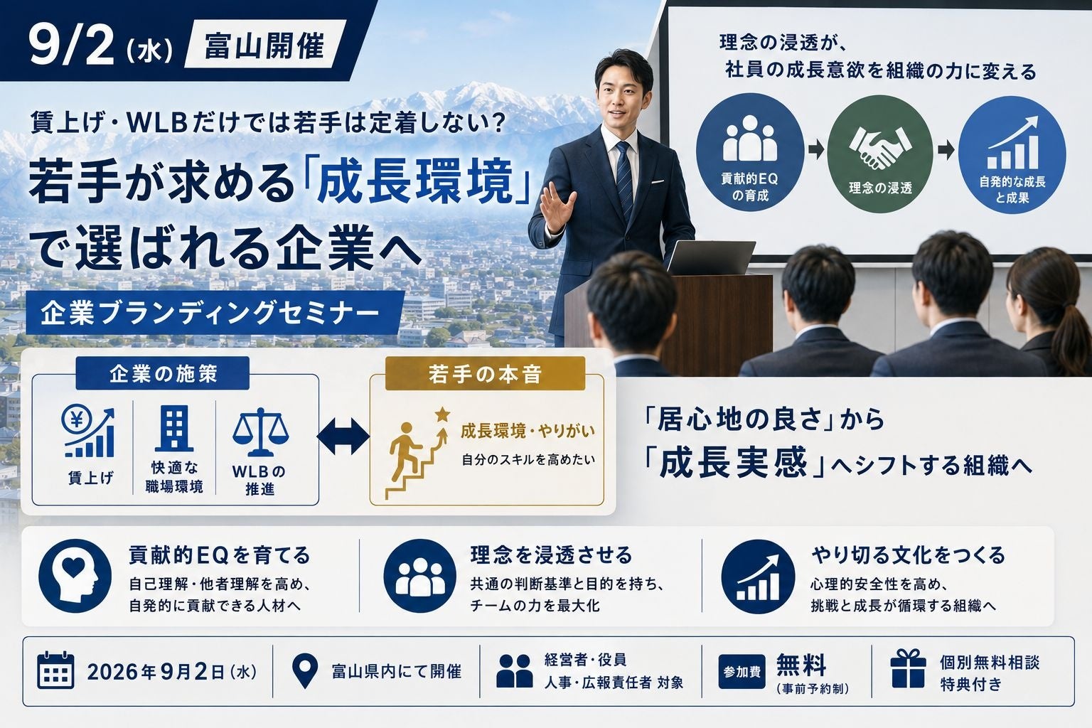 賃上げ・WLBだけでは若手は定着しない?成長環境と理念浸透でギャップを埋める企業ブランディングセミナー