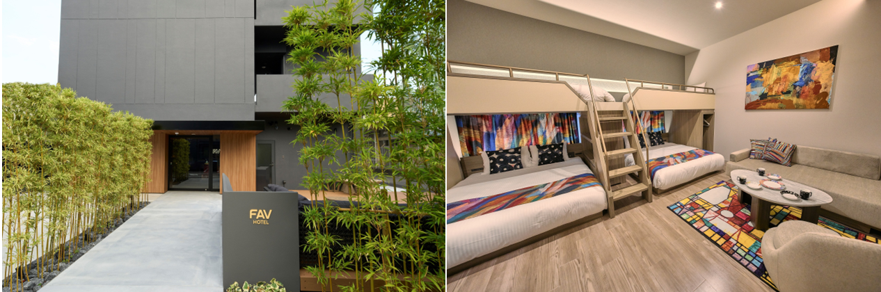 （左：『FAV HOTEL 広島スタジアム』外観、右：『FAV HOTEL 広島スタジアム』ヘラルボニールーム エグゼクティブバンク)