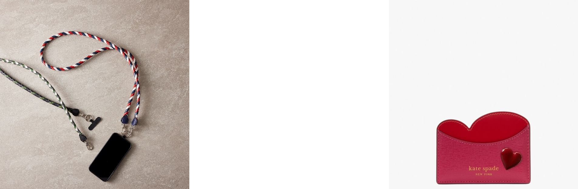 画像左より、ショルダーストラップ  FATTORIA del CUOIO（ダブルスタンダードクロージング／ヒム）各25,300円、ピッター パッター カード ホルダー（ケイト・スペード ニューヨーク）16,500円