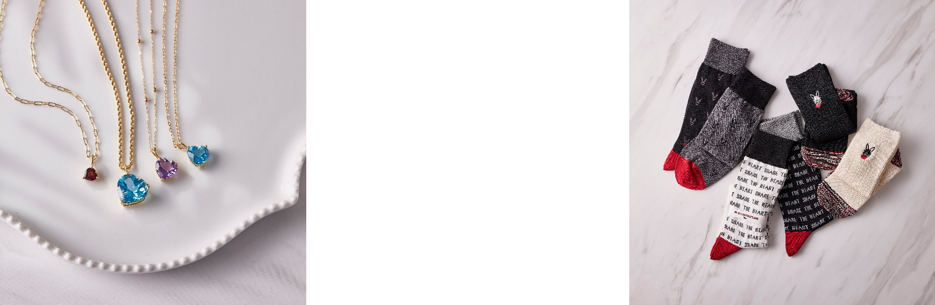 画像左より、カラーストーンペンダントトップK18YG 各種（カドー）46,200円～165,000円、バレンタインタビットレギュラー（左） ／バレンタインレタリングレギュラー（中央） ／バレンタインタビット刺繍クルー（右）（タビオ）各1,430円