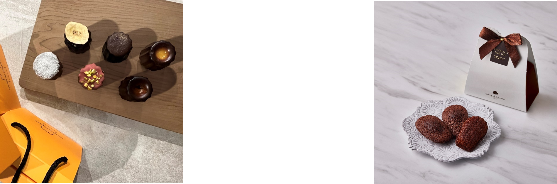 画像左より、バレンタイン限定6個BOX（カヌレ ド キャンティ）2,000円、Madocaショコラ3個入り（クレーム デ ラ クレーム）756円