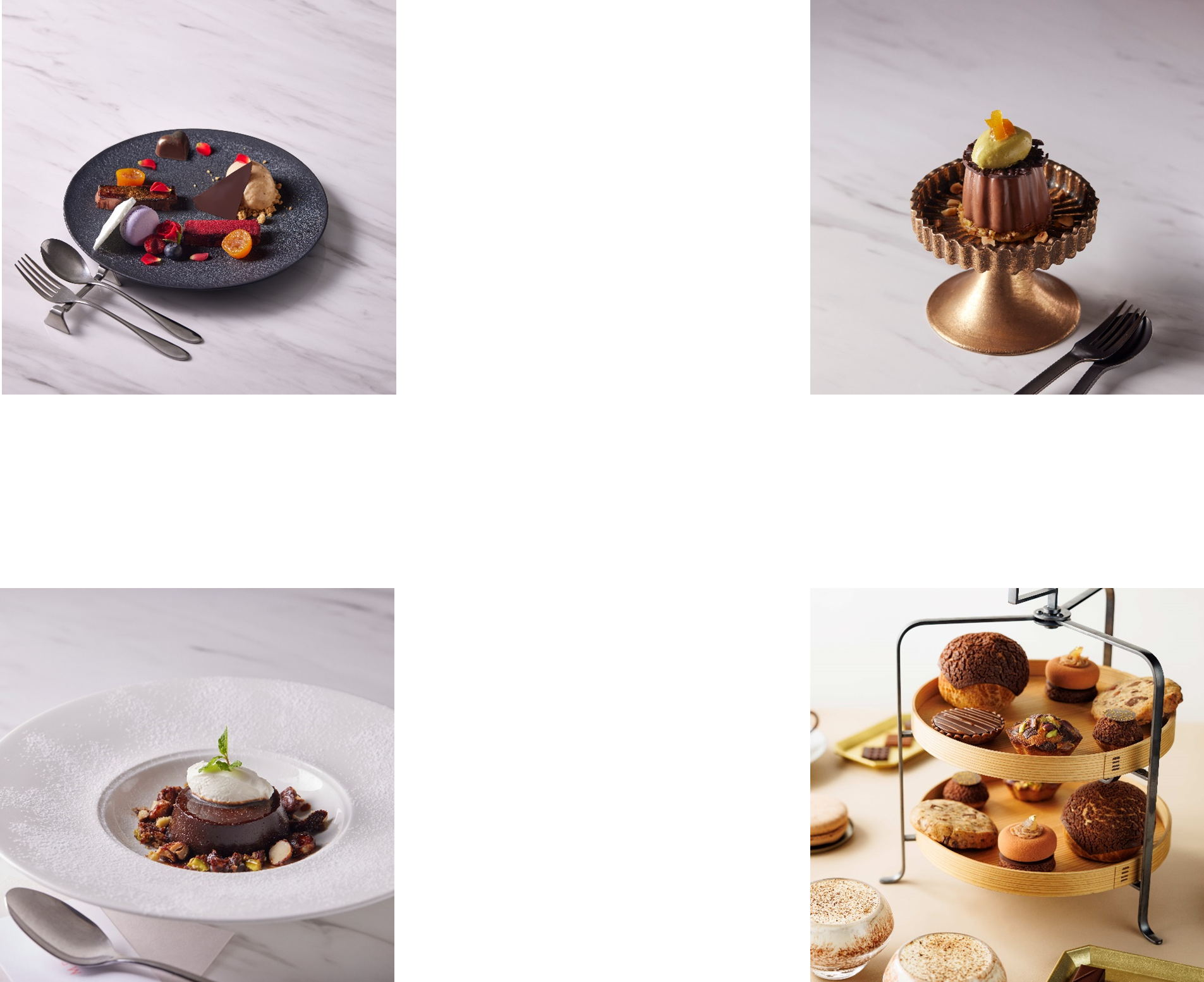 画像左上より、フランス ヴァローナ社の66%ハイカカオ カタラーナ（ヒルズ ダル・マット）、チョコラータ ディ ボヌレ（毛利 サルヴァトーレ クオモ）。画像左下より、ボネ ピエモンテーゼ（グランドフードホール）、アフタヌーンティー（ル・ショコラ・アラン・デ