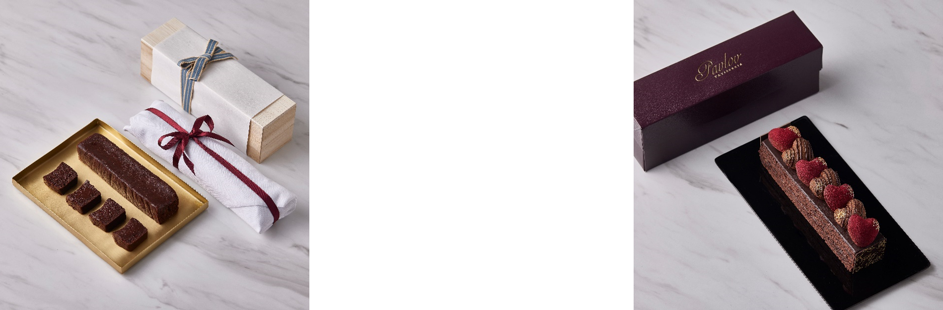 画像左より、ショコラクラシック（ブリコラージュ ブレッド アンド カンパニー）桐箱入り 3,200円／手ぬぐい包装 2,600円、ショコラアムール（パティスリー パブロフ）ロング 2,376円／ミニ 864円