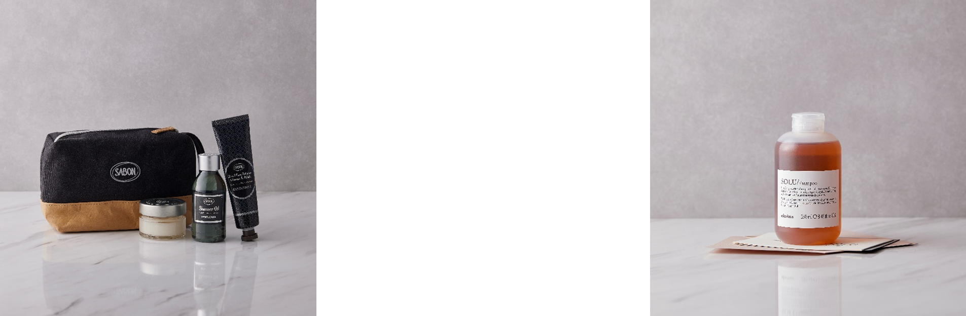 画像左より、トラベルギフト　ジェントルマン （SABON）4,950円、ダヴィネス エッセンシャル ソルシャンプー（フルーツギャザリング）3,300円