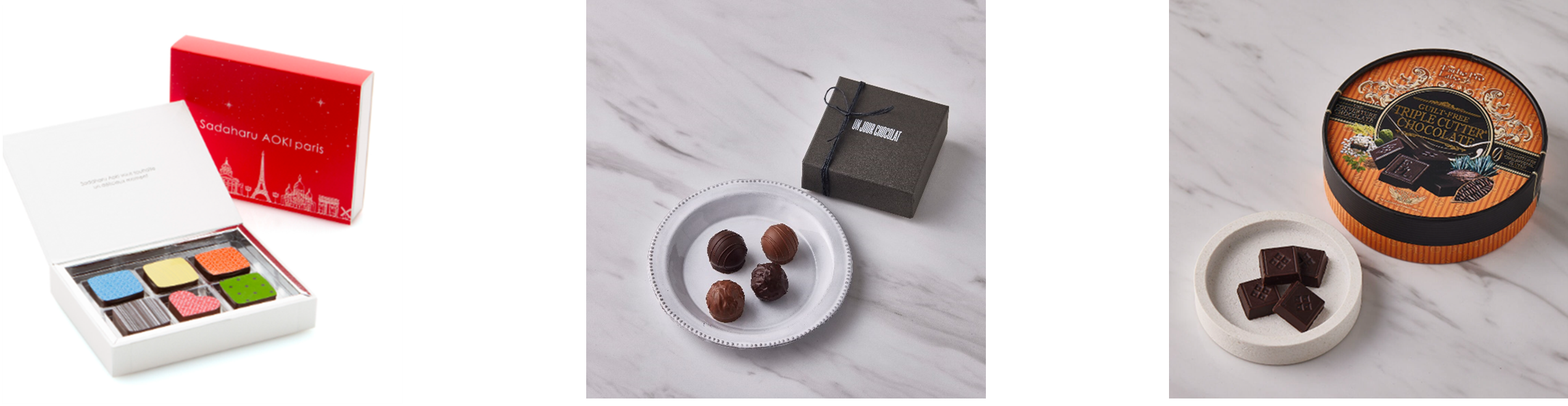 画像左より、AOKI 2024（イルブリオ）3,672円、トリュフ キャトル（アンジュールショコラ）2,000円 ※販売期間は、2月上旬～、ギルトフリー トリプルカッター® チョコレート（エステプロ・ラボ 六本木）2,808円