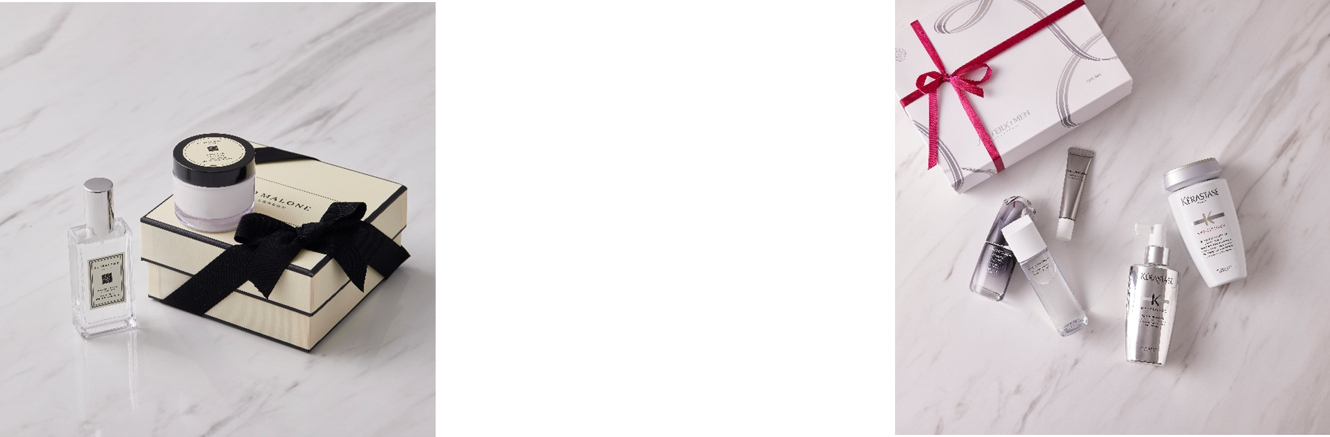 画像左より、イングリッシュ ペアー & フリージア ヘア ミスト 30mL ／ウッド セージ ＆ シー ソルト  ボディ クレーム 50mL（ジョー マローン ロンドン） 、メンズスキンケアセット ／メンズスカルプケアセット（メンズグルーミングサロン ＆