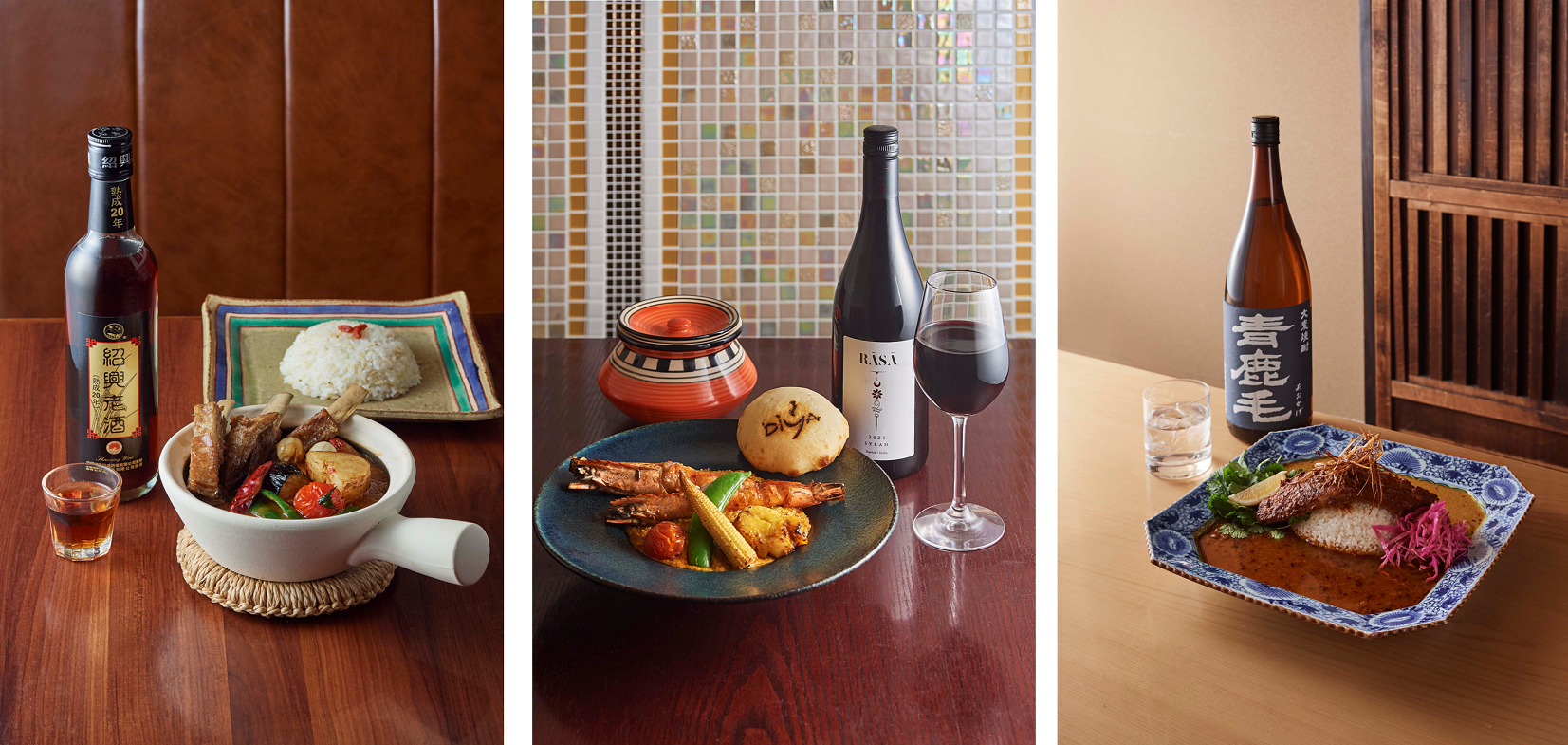 （左）中国料理 ゴールデンタイガー（中央）インド料理 ディヤ（右）鐵ちゃん