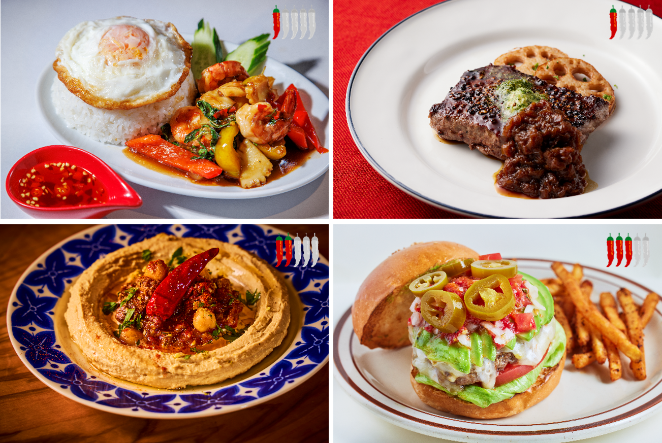 上段左から「ホーリーバジルの海鮮ガパオライス」、「士幌黒牛リブロースのペッパーステーキ」、下段左から「WOW!!Super Spicy Hummus Bolognese」、「レッドホットサルサバーガー」