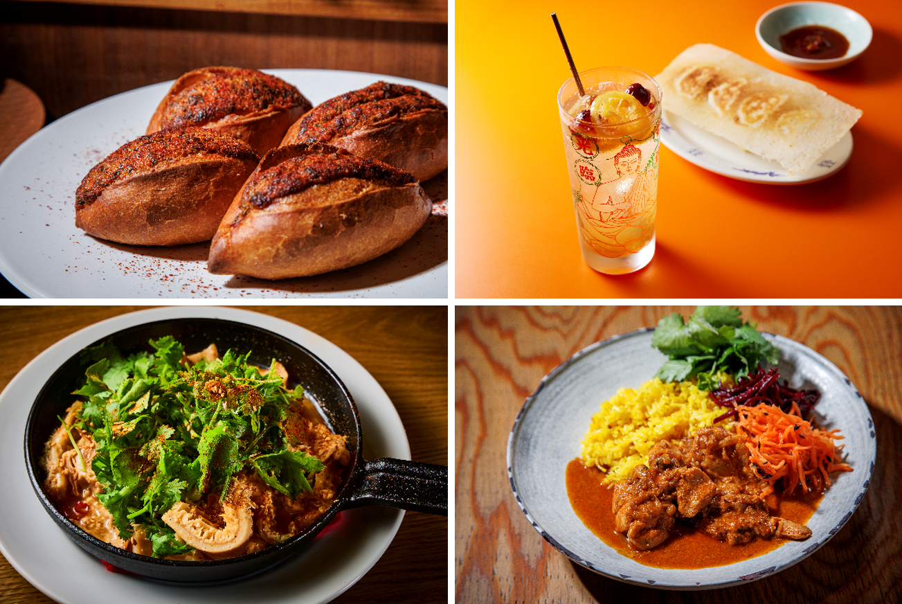 上段左から「スパイシー明太フランス」、「薬膳レモネード」、下段左から「しびからモツパクチー」、「Ätaのスパイシーバターチキンカレー」