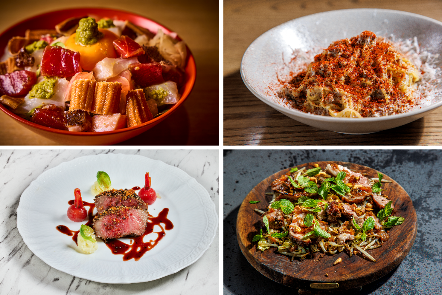 上段左から「ナンプリックちらし寿司」、「ラムの白いボロネーゼ　キハチスパイス」、下段左から「国産牛サーロインのスパイスパン粉焼き 4種の胡椒、ルビーポルトとミニョネットのソース」、「ジンギスカン　ピュウファロスタイル」