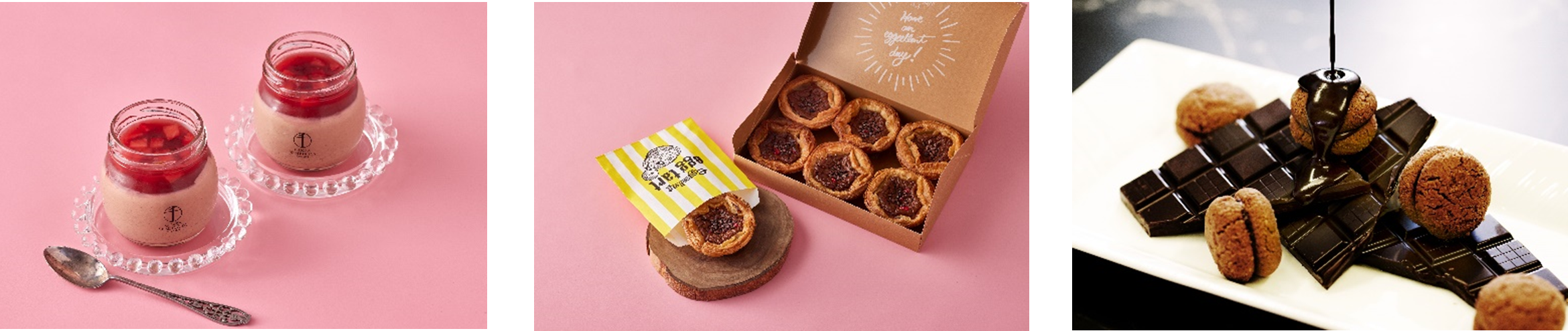 画像左より、ベルギーチョコプリン（ニュウスタイル銀座千疋屋）／ショコラエッグタルト（エッグセレント）／バーチ・ディ・ダーマ5 (チョコレート) （ビチェリン）