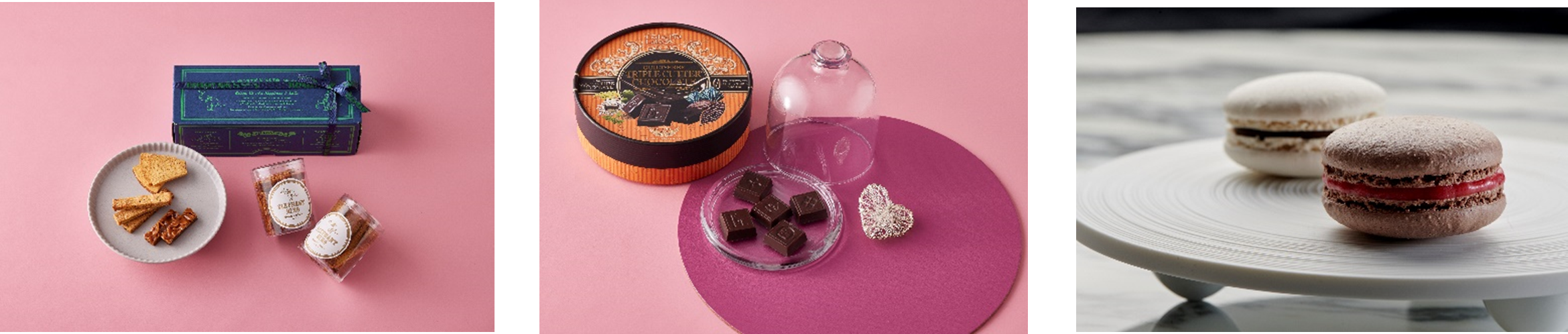 画像左より、エレファントリング 焼き菓子3セット（グランドフードホール）／ギルトフリー トリプルカッター®️チョコレート（エステプロ・ラボ 六本木）／ヴィーガンマカロンミックス（エストネーション）
