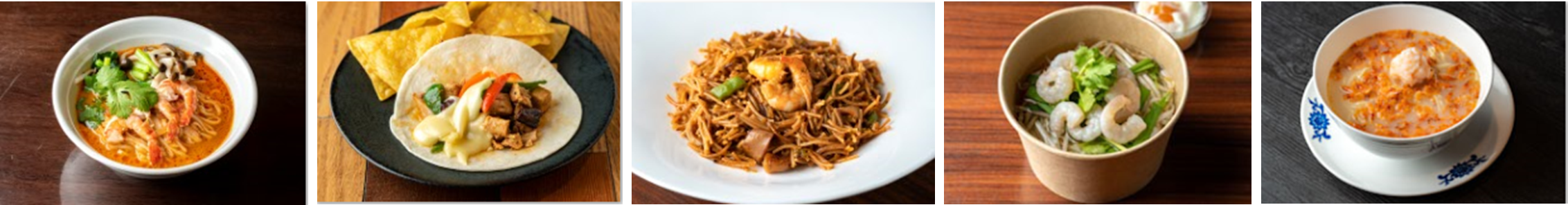 画像左より、タイ料理 チャンロイkaaw「タイラーメン」、タコリッコ「とろーりチーズチキンタコス1p &チップス」、cafe-vino-tapas  LA TAVERNA ハセガワ「魚介のフィデウア」、HALE 海’s「ベトナムフォー」、華都飯店 桜海老香