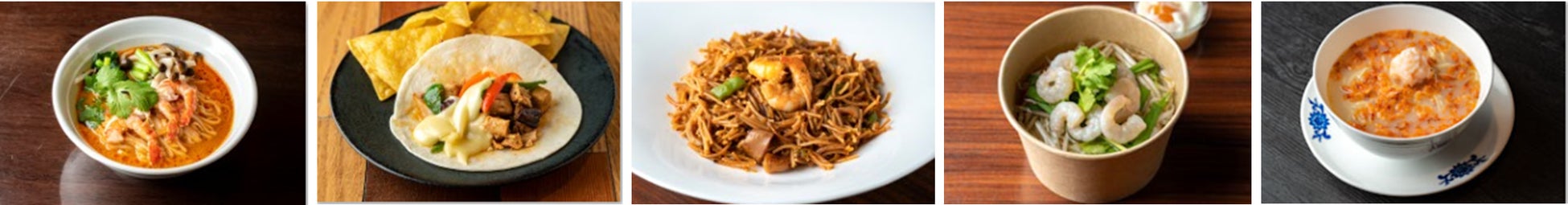 画像左より、タイ料理 チャンロイkaaw「タイラーメン」、タコリッコ「とろーりチーズチキンタコス1p &チップス」、cafe-vino-tapas  LA TAVERNA ハセガワ「魚介のフィデウア」、HALE 海’s「ベトナムフォー」、華都飯店 桜海老香