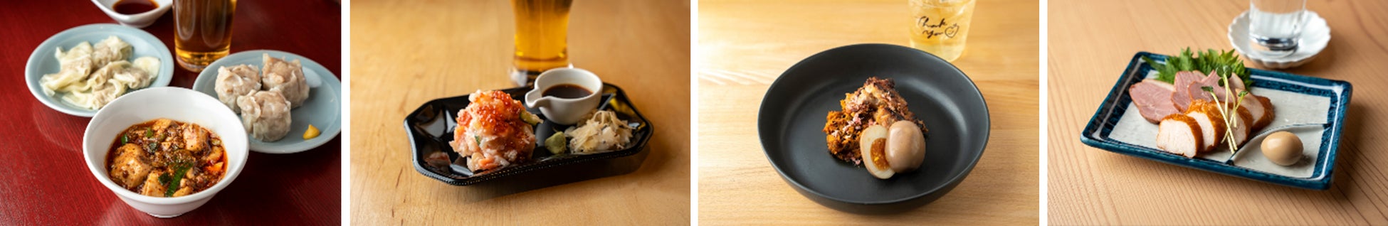 画像左より、成都正宗担々麺 つじ田「ちょい飲みセット」、日本橋海鮮丼 つじ半「海鮮さくら盛りセット」、TOKYO MIX CURRY「TMCワンプレートセット」、そば処 水内庵「鴨とささみのスモーク」