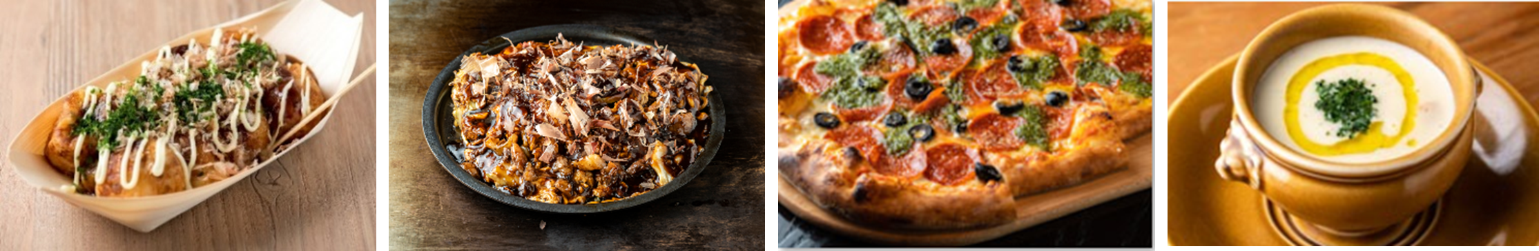 画像左より、アークヒルズカフェ「たこ焼き」、戸田亘のお好み焼 さんて寛「スジモダン焼き」、ウルフギャング・パック ピッツァバー「MIXピザ」、RUBY JACKS Steakhouse & Bar「クラムチャウダー」